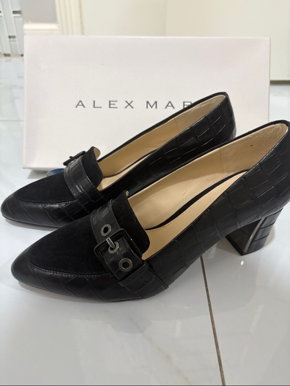 Alex Marie Black Croc-Textured Pointed Heels